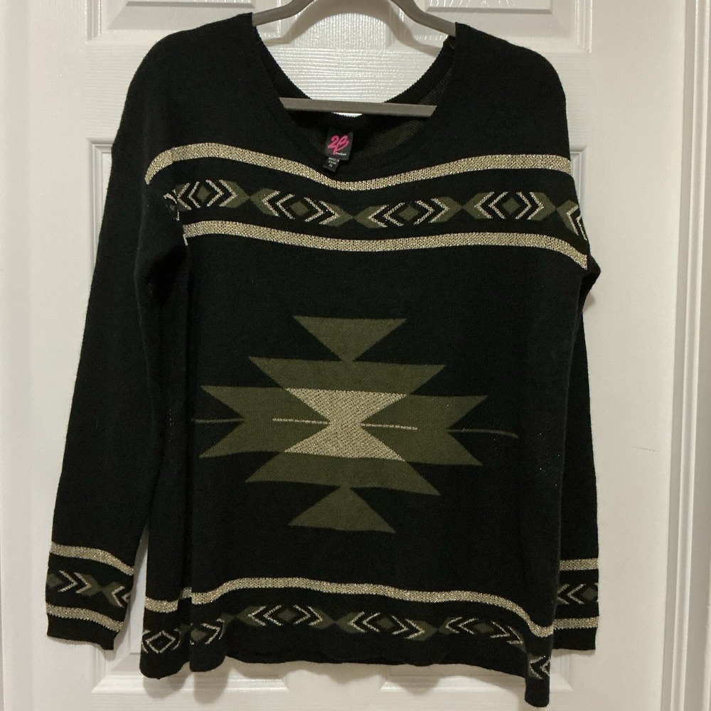 2B Bebe Women Sweater Aztec Print‎ Gold Metallic/Green Black Xl New No Tags